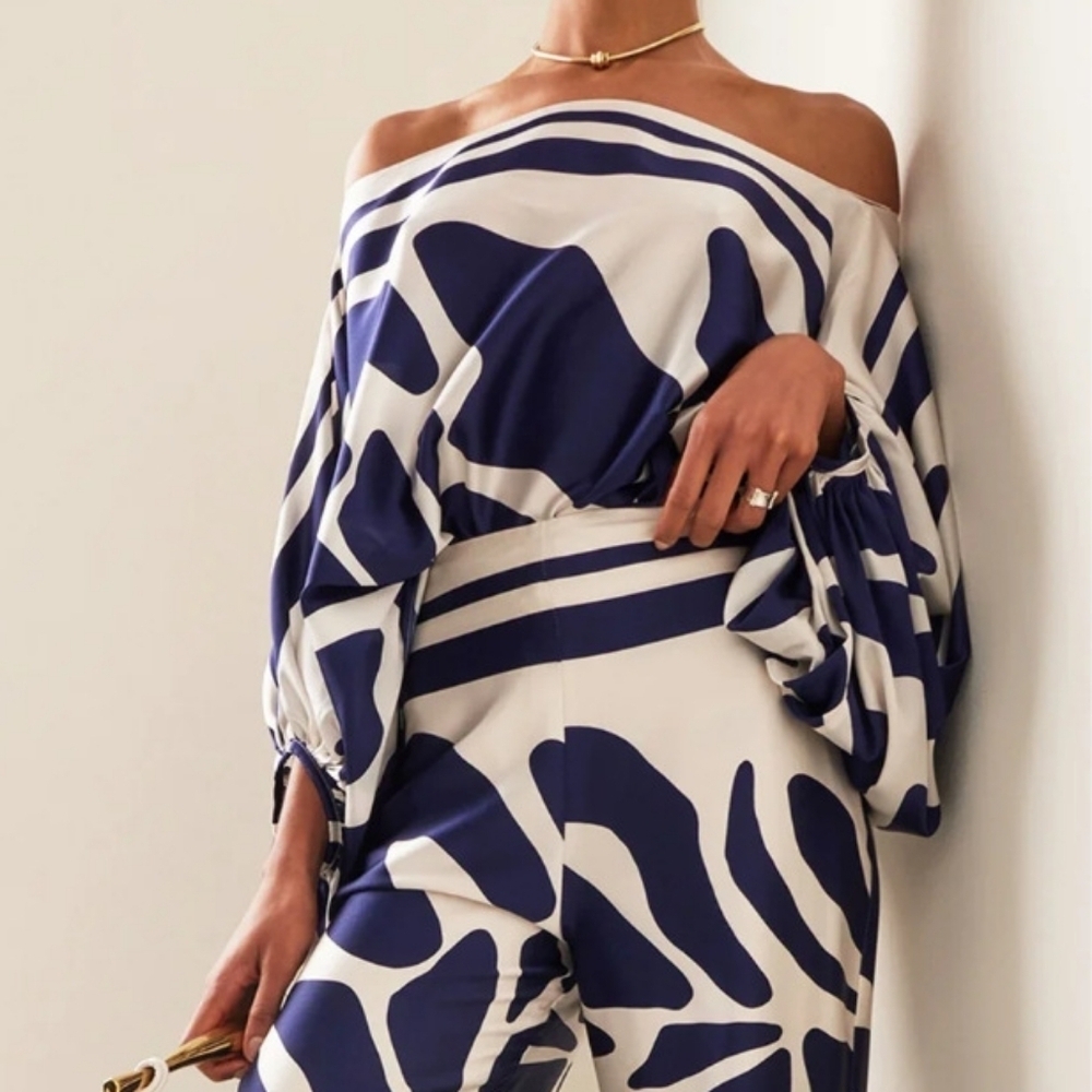Satin Print Suit Fashion Hollow Off Shoulder Tops With Long Pants 2 Pieces Set - Picture 4 of 4